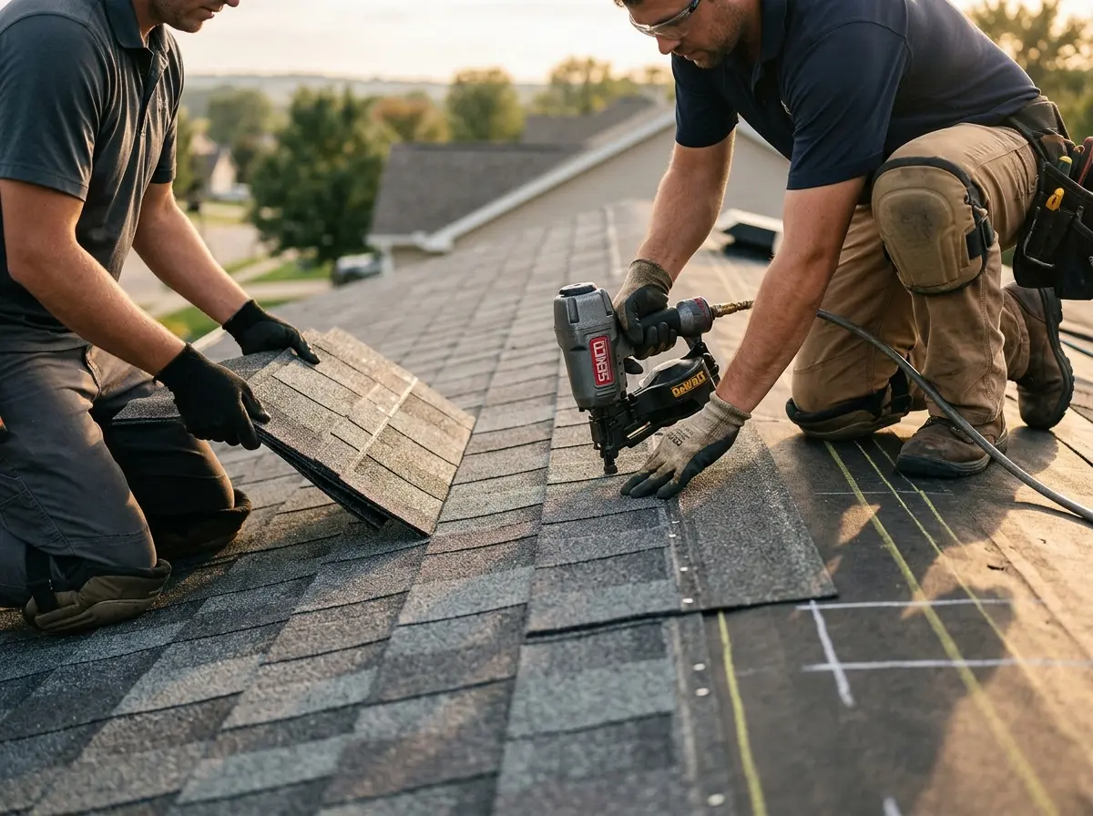Professional roofer working on a residential roof in Buffalo Grove